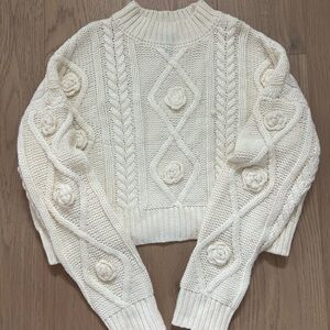 Floral Cable Knit Sweater - Cream